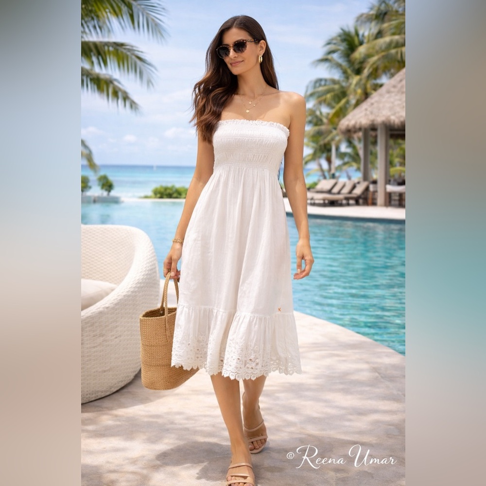 TwoTwentyTwo White Strapless Smocked Cotton Dress – Size Small – NWOT